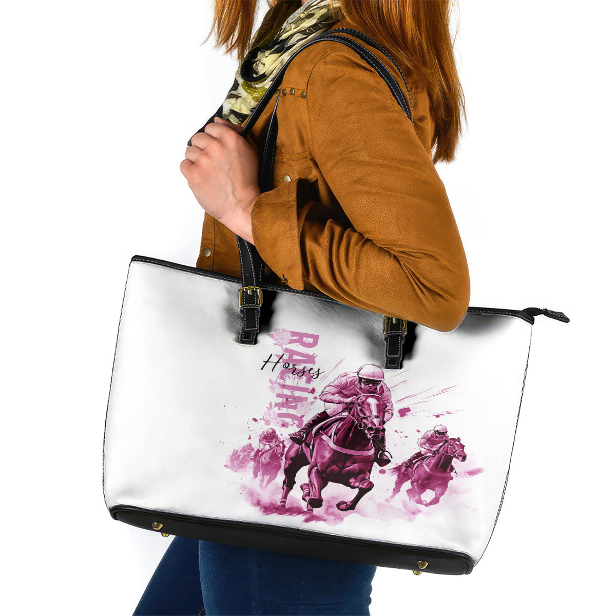 Kentucky Horses Racing Leather Tote Bag Jockey Drawing Style Pink Out Color - Wonder Print Shop