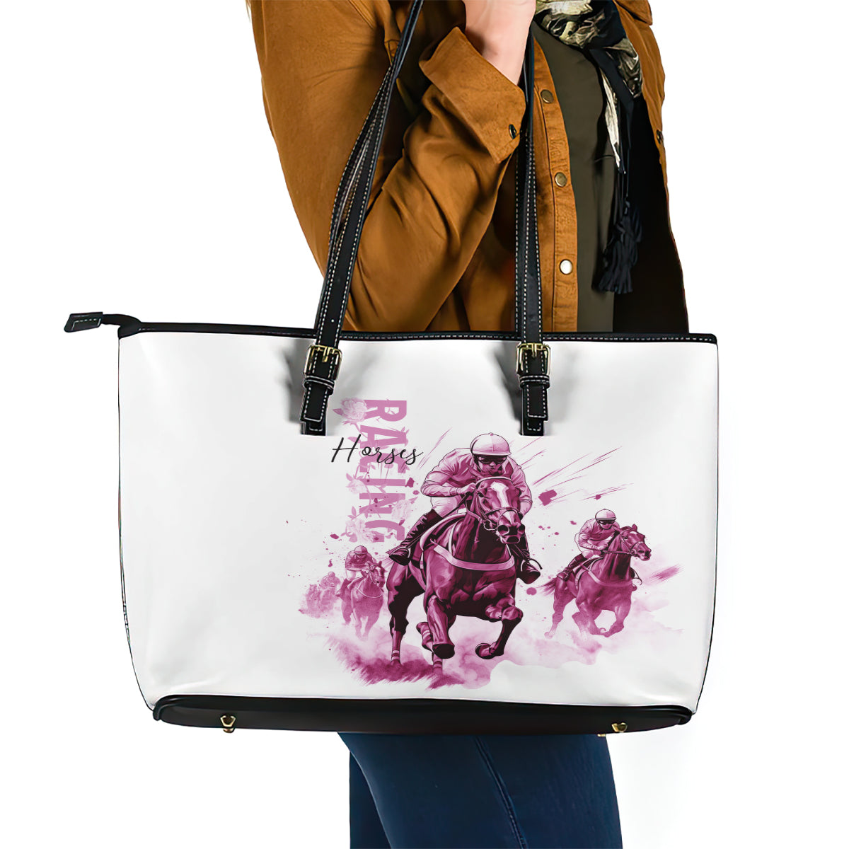 Kentucky Horses Racing Leather Tote Bag Jockey Drawing Style Pink Out Color - Wonder Print Shop