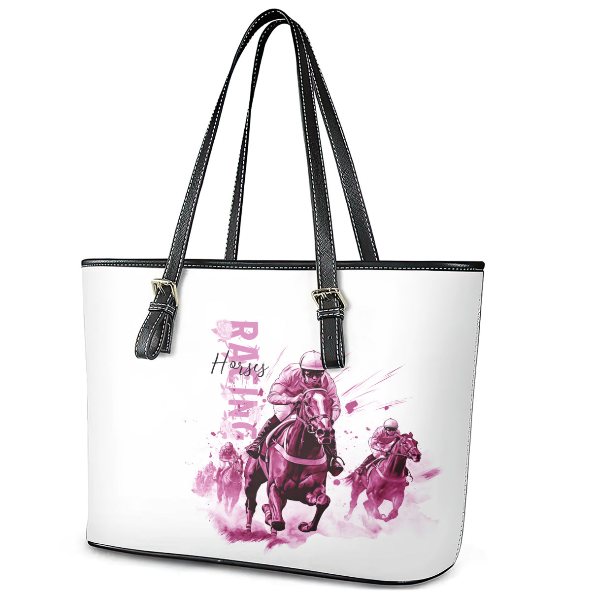 Kentucky Horses Racing Leather Tote Bag Jockey Drawing Style Pink Out Color - Wonder Print Shop