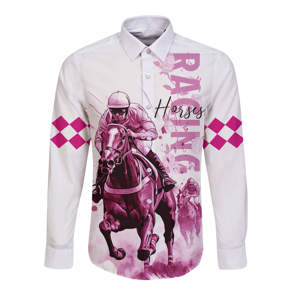 Kentucky Horses Racing Long Sleeve Button Shirt Jockey Drawing Style Pink Out Color - Wonder Print Shop