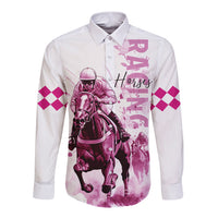 Kentucky Horses Racing Long Sleeve Button Shirt Jockey Drawing Style Pink Out Color - Wonder Print Shop