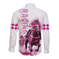 Kentucky Horses Racing Long Sleeve Button Shirt Jockey Drawing Style Pink Out Color - Wonder Print Shop