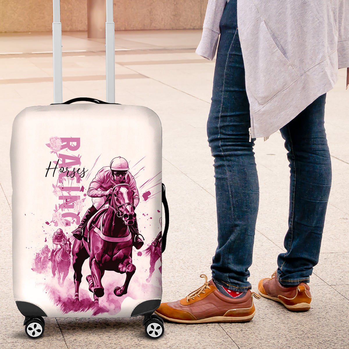 Kentucky Horses Racing Luggage Cover Jockey Drawing Style Pink Out Color