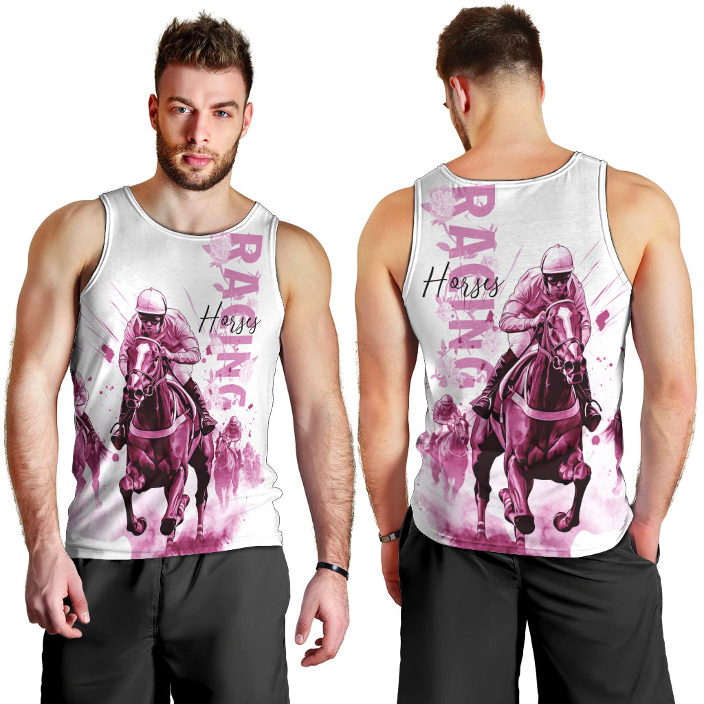 Kentucky Horses Racing Men Tank Top Jockey Drawing Style Pink Out Color - Wonder Print Shop