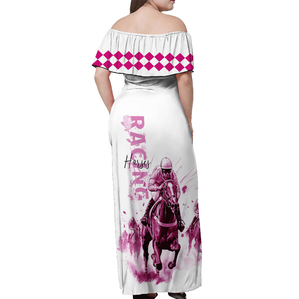 Kentucky Horses Racing Off Shoulder Maxi Dress Jockey Drawing Style Pink Out Color - Wonder Print Shop