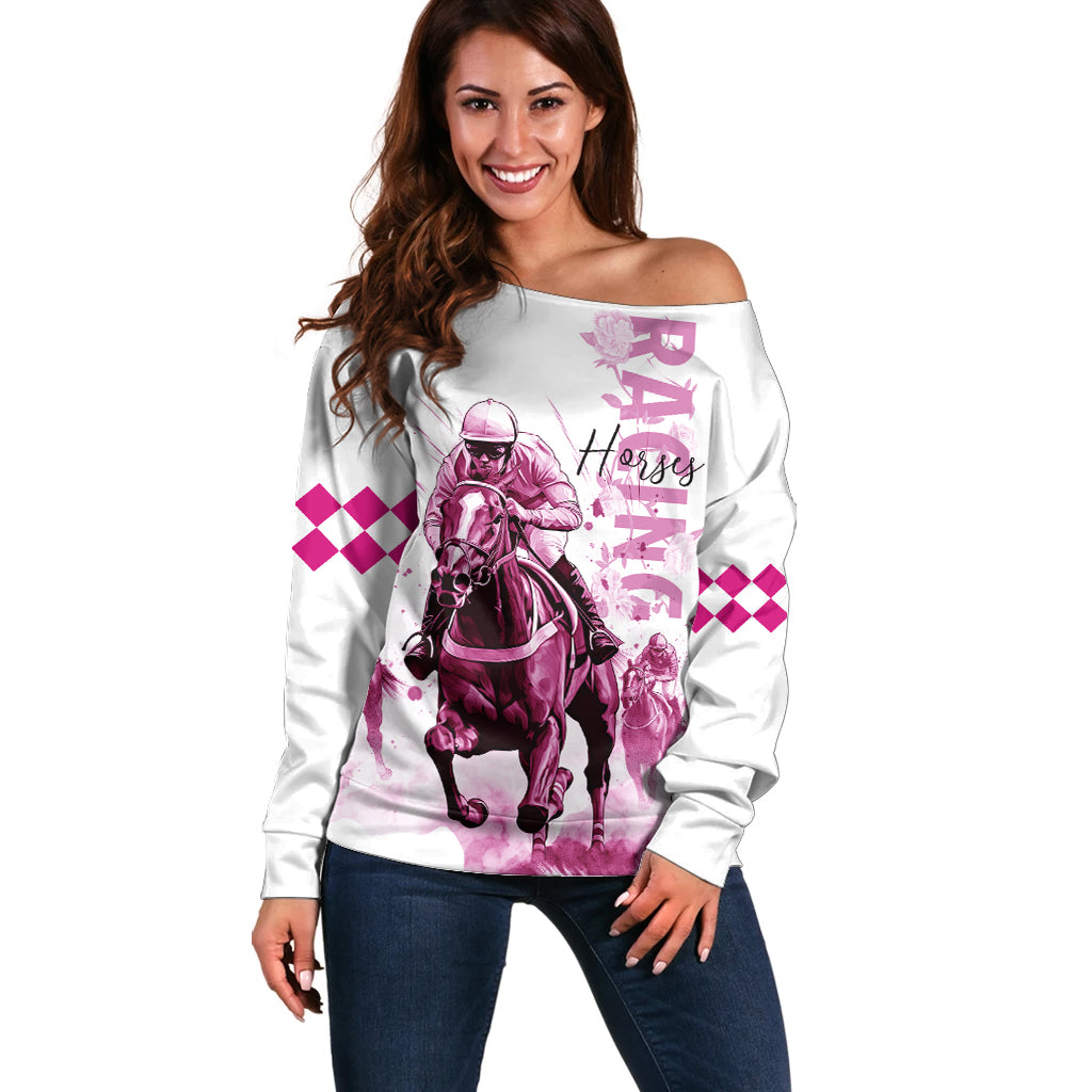 Kentucky Horses Racing Off Shoulder Sweater Jockey Drawing Style Pink Out Color - Wonder Print Shop