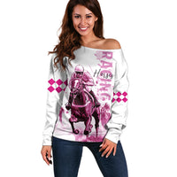 Kentucky Horses Racing Off Shoulder Sweater Jockey Drawing Style Pink Out Color - Wonder Print Shop