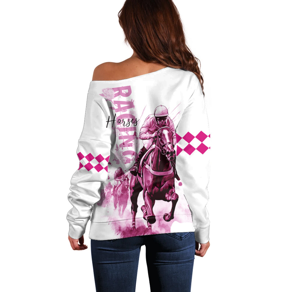 Kentucky Horses Racing Off Shoulder Sweater Jockey Drawing Style Pink Out Color - Wonder Print Shop