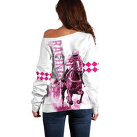 Kentucky Horses Racing Off Shoulder Sweater Jockey Drawing Style Pink Out Color - Wonder Print Shop