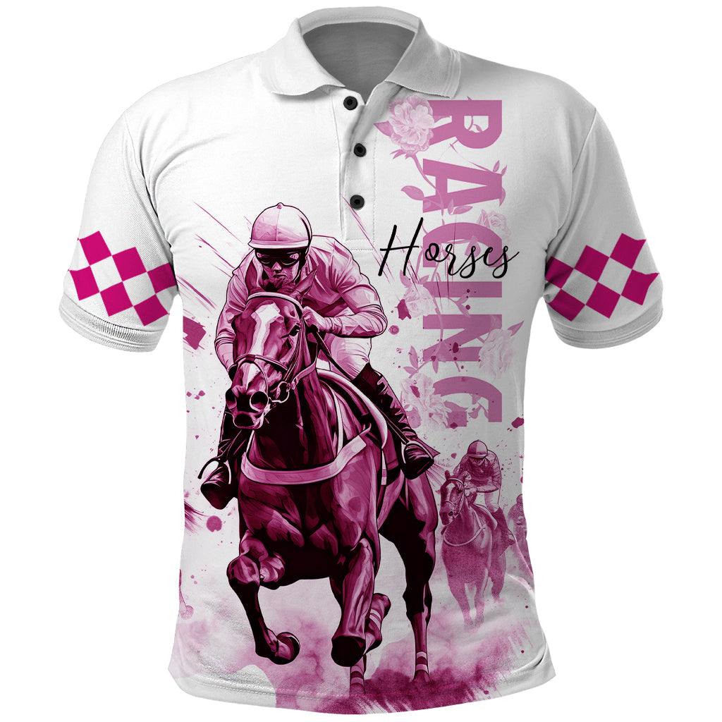 Kentucky Horses Racing Polo Shirt Jockey Drawing Style Pink Out Color - Wonder Print Shop