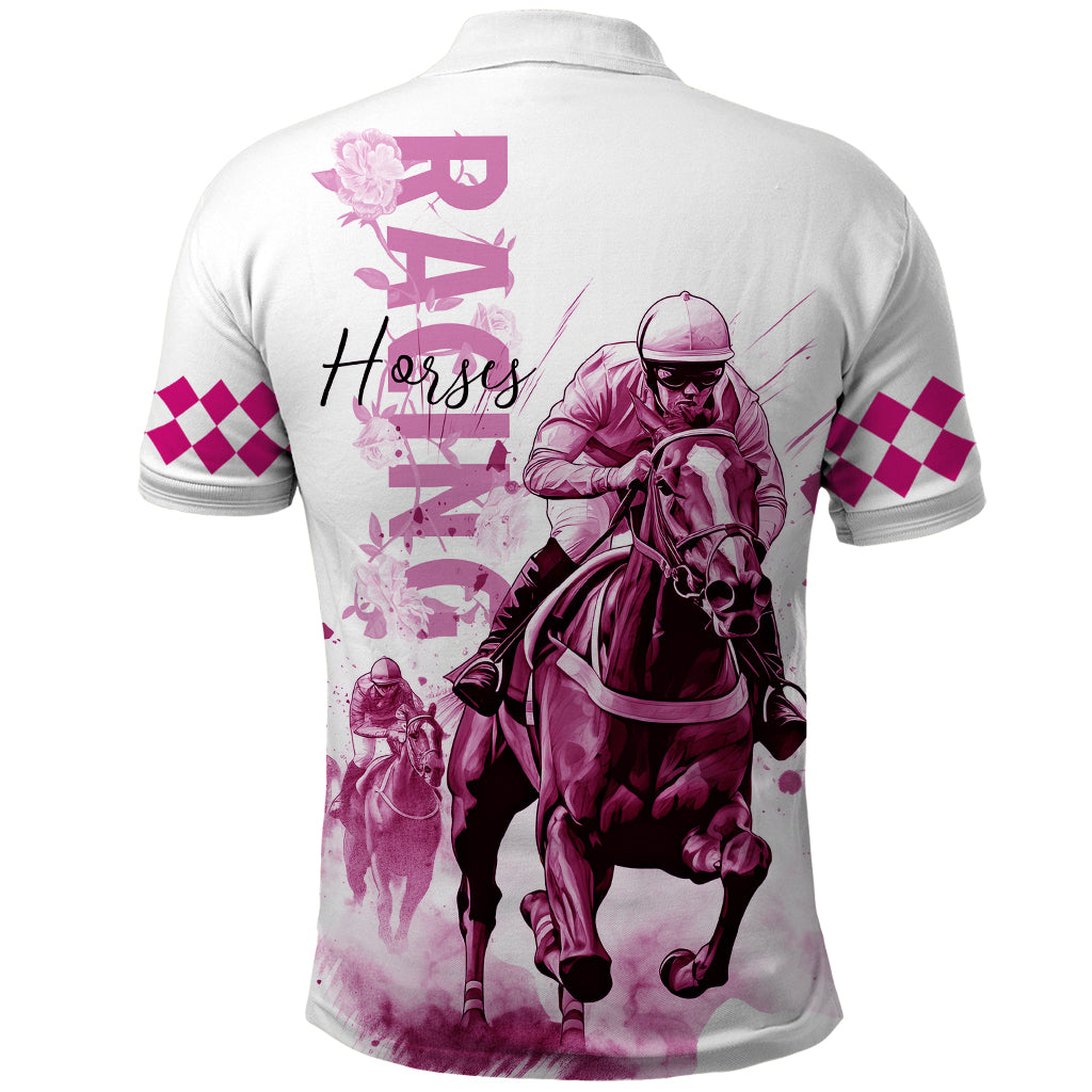 Kentucky Horses Racing Polo Shirt Jockey Drawing Style Pink Out Color - Wonder Print Shop