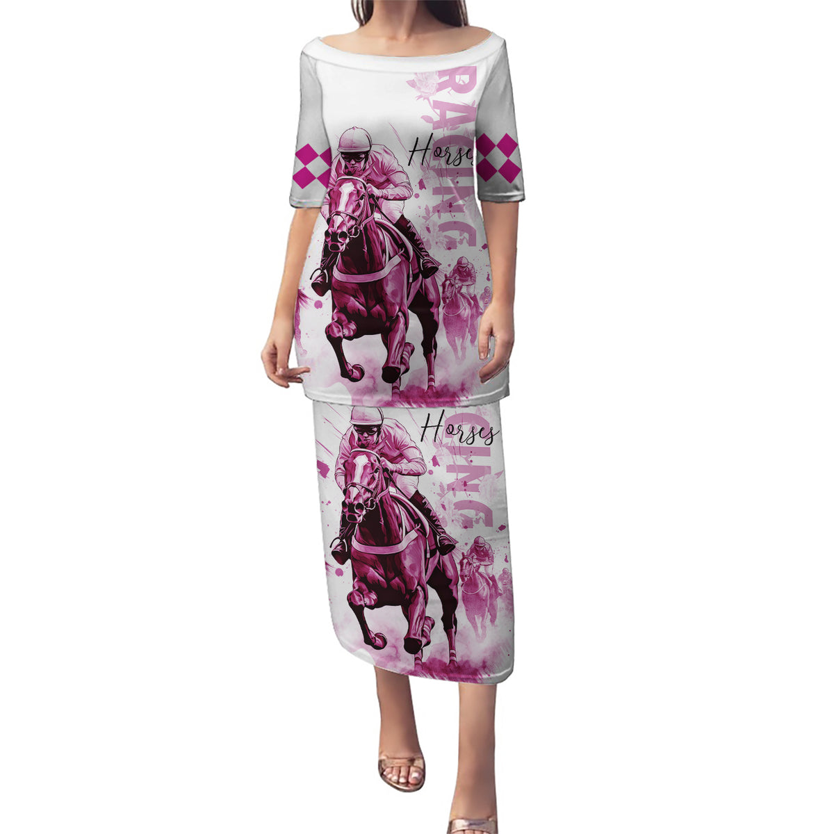 Kentucky Horses Racing Puletasi Jockey Drawing Style Pink Out Color - Wonder Print Shop