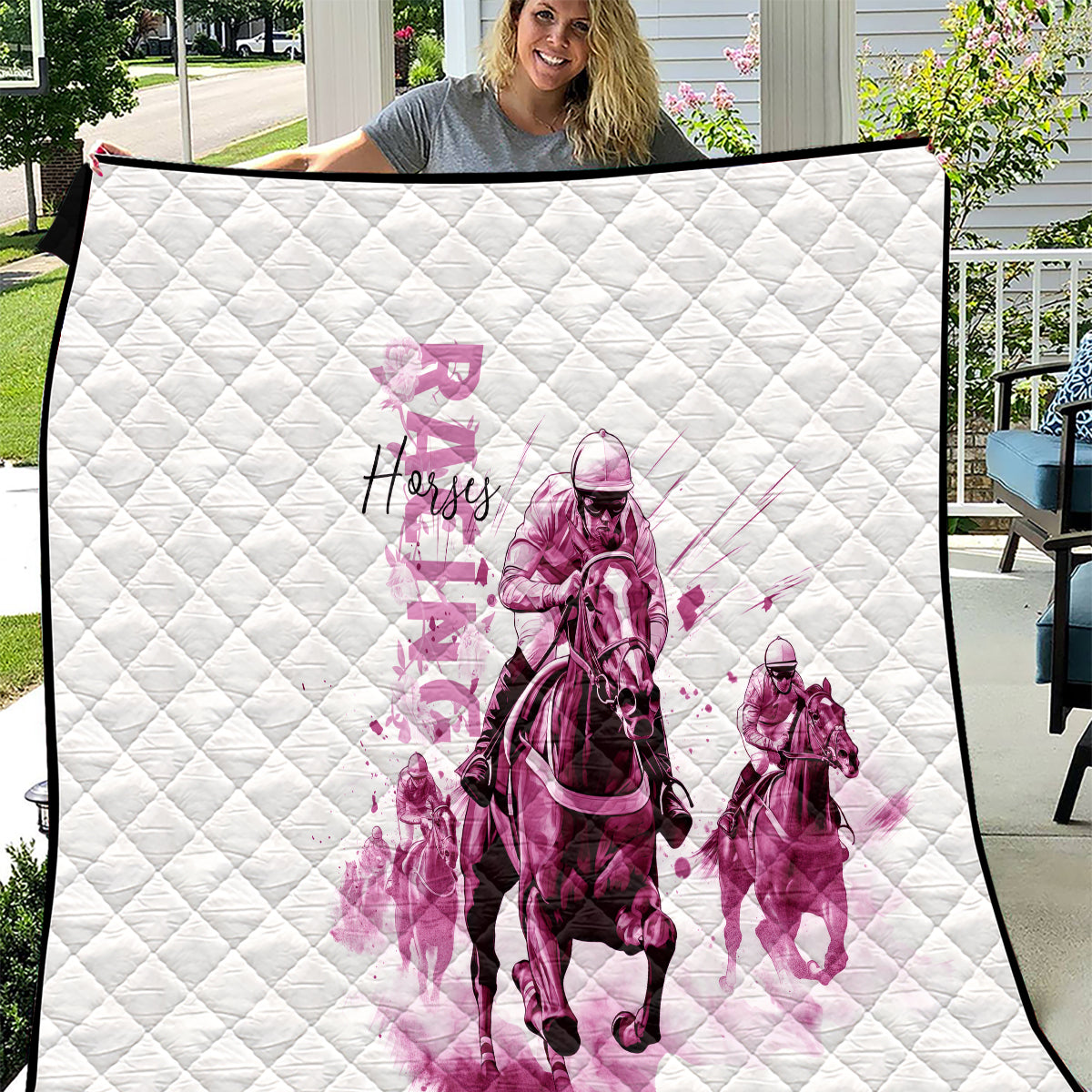 Kentucky Horses Racing Quilt Jockey Drawing Style Pink Out Color
