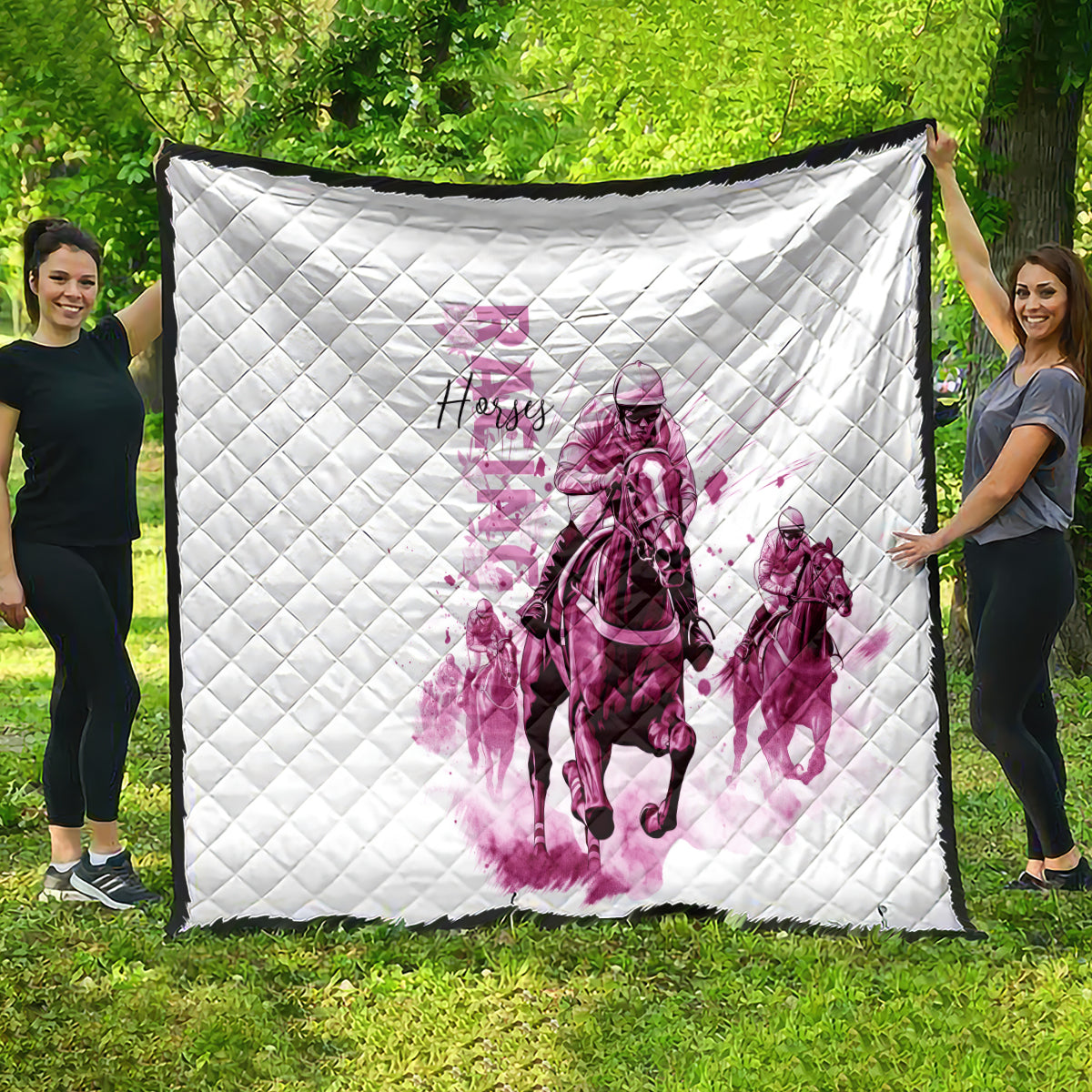 Kentucky Horses Racing Quilt Jockey Drawing Style Pink Out Color - Wonder Print Shop