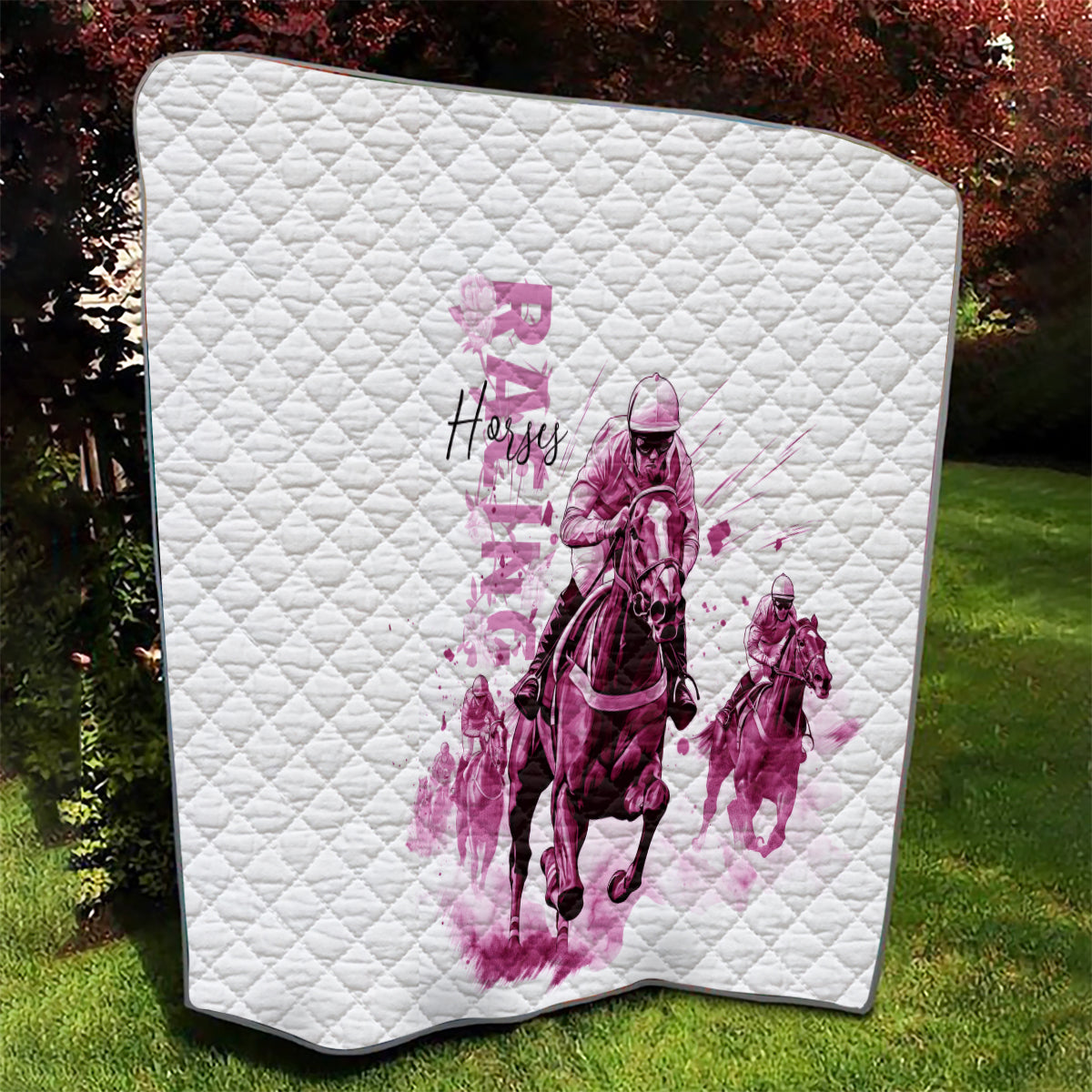 Kentucky Horses Racing Quilt Jockey Drawing Style Pink Out Color - Wonder Print Shop