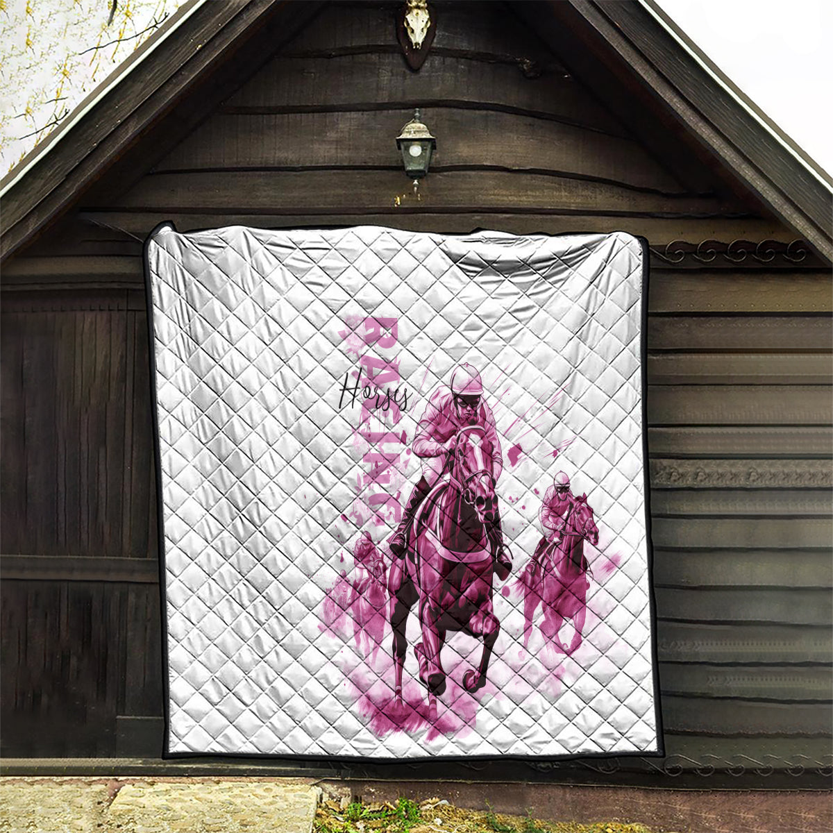 Kentucky Horses Racing Quilt Jockey Drawing Style Pink Out Color - Wonder Print Shop
