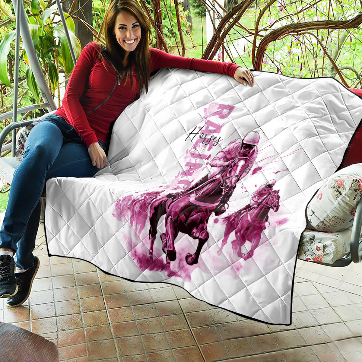 Kentucky Horses Racing Quilt Jockey Drawing Style Pink Out Color - Wonder Print Shop