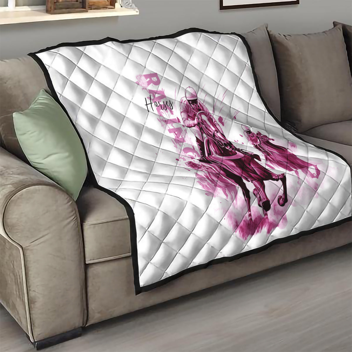 Kentucky Horses Racing Quilt Jockey Drawing Style Pink Out Color - Wonder Print Shop