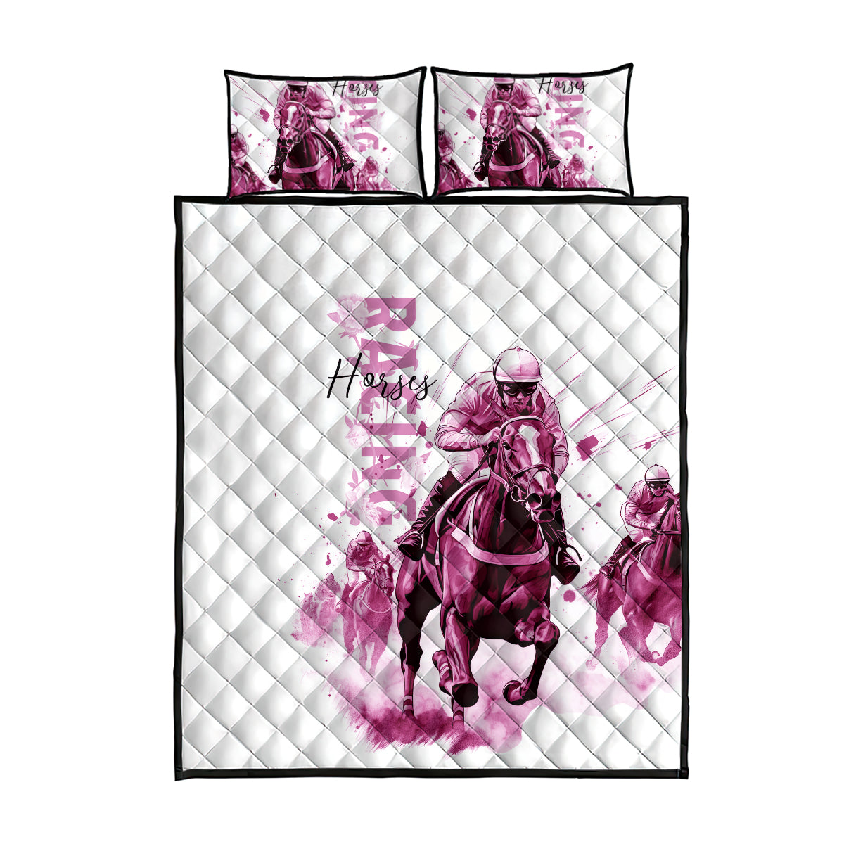 Kentucky Horses Racing Quilt Bed Set Jockey Drawing Style Pink Out Color - Wonder Print Shop