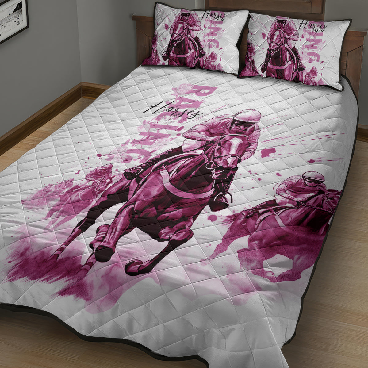 Kentucky Horses Racing Quilt Bed Set Jockey Drawing Style Pink Out Color - Wonder Print Shop