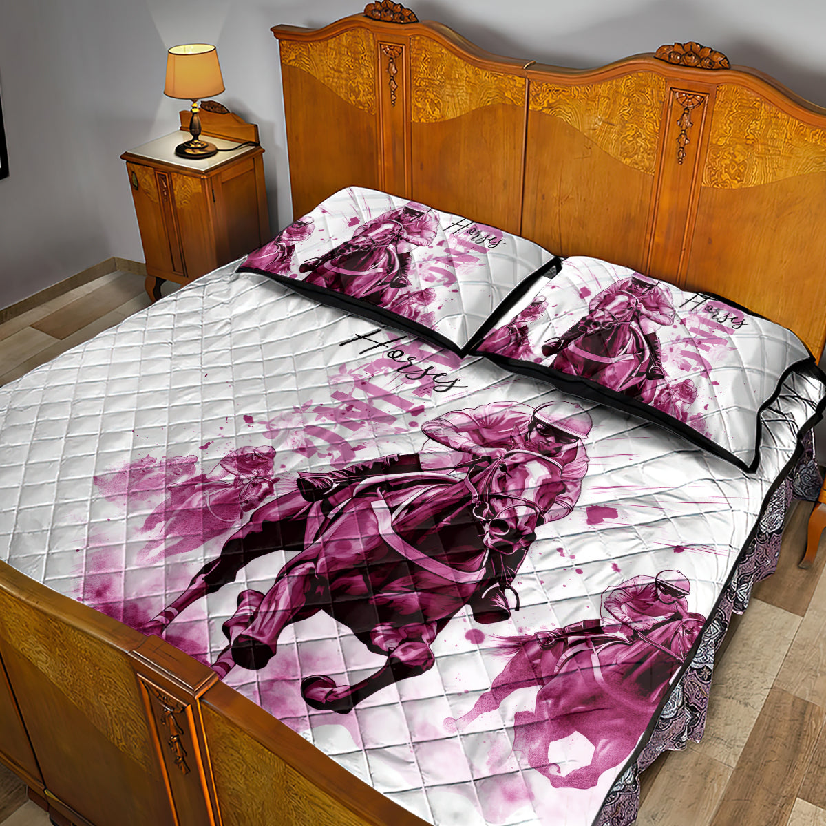 Kentucky Horses Racing Quilt Bed Set Jockey Drawing Style Pink Out Color - Wonder Print Shop