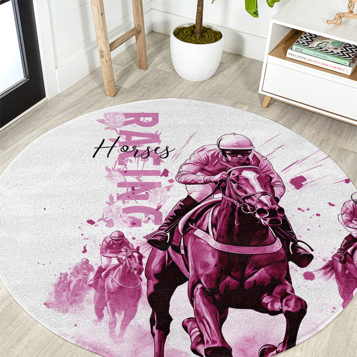 Kentucky Horses Racing Round Carpet Jockey Drawing Style Pink Out Color
