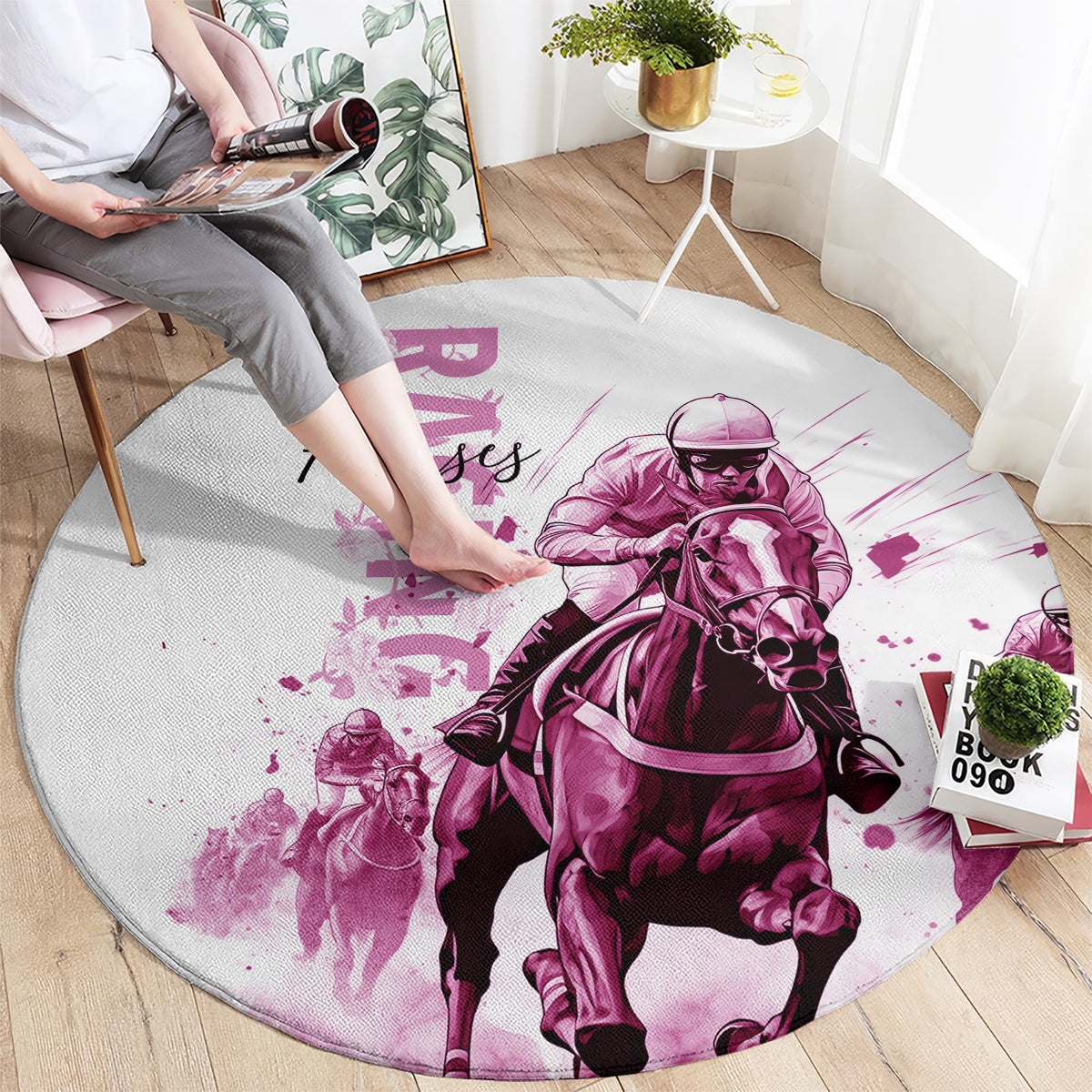 Kentucky Horses Racing Round Carpet Jockey Drawing Style Pink Out Color