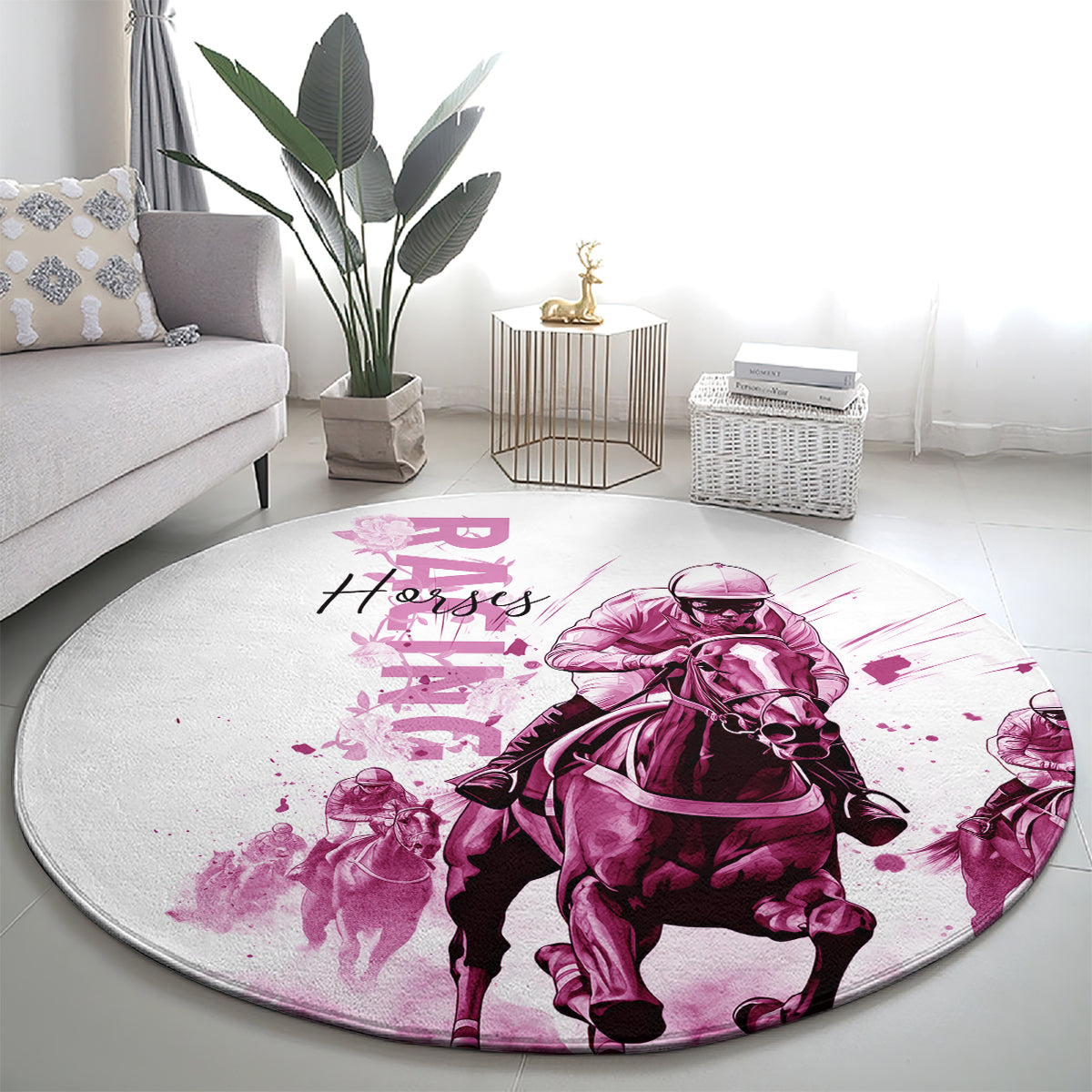Kentucky Horses Racing Round Carpet Jockey Drawing Style Pink Out Color