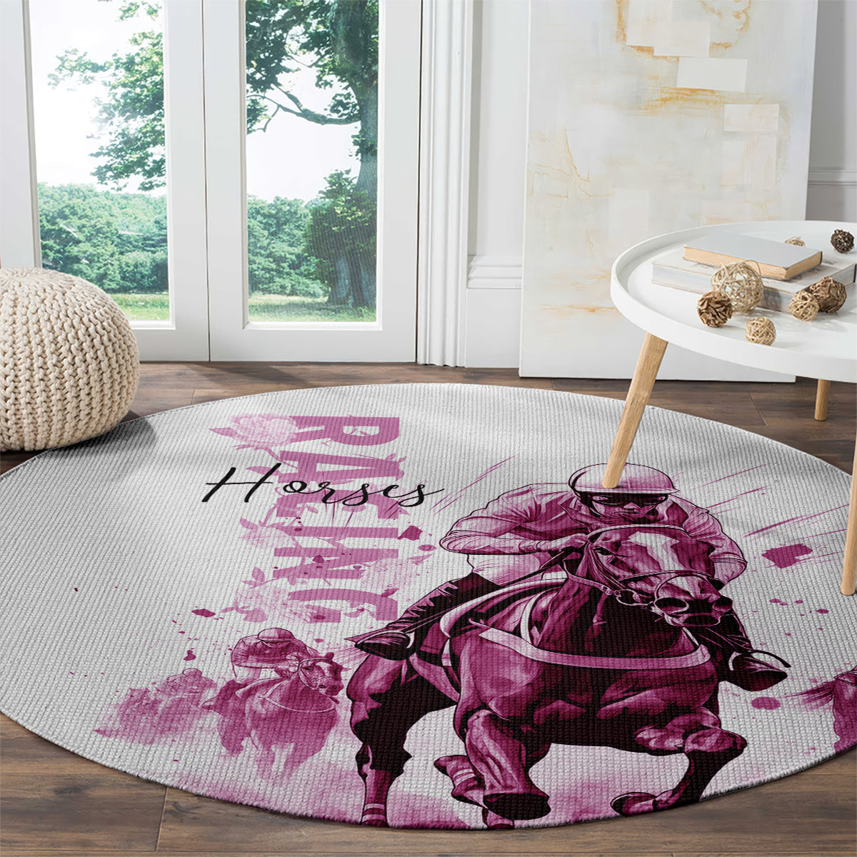 Kentucky Horses Racing Round Carpet Jockey Drawing Style Pink Out Color