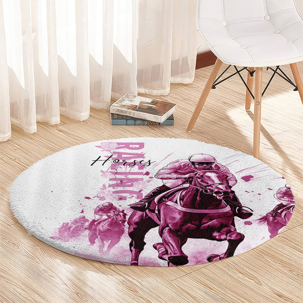 Kentucky Horses Racing Round Carpet Jockey Drawing Style Pink Out Color