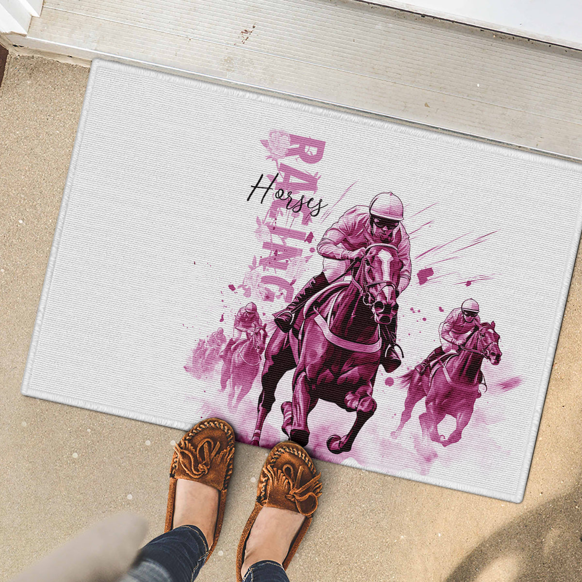Kentucky Horses Racing Rubber Doormat Jockey Drawing Style Pink Out Color - Wonder Print Shop