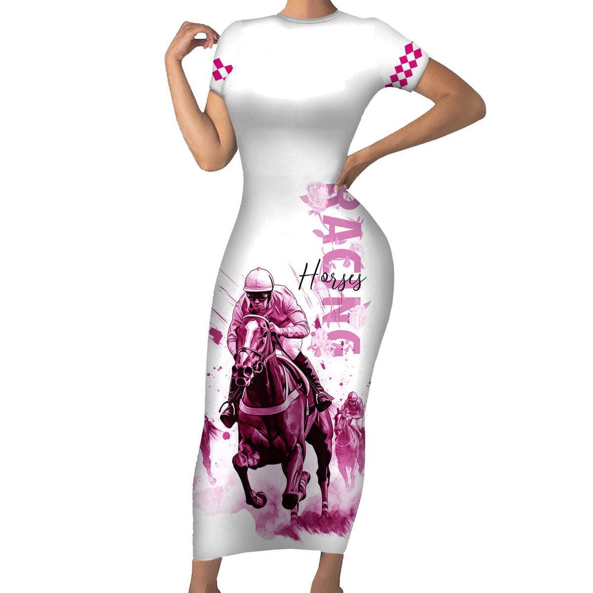 Kentucky Horses Racing Short Sleeve Bodycon Dress Jockey Drawing Style Pink Out Color - Wonder Print Shop
