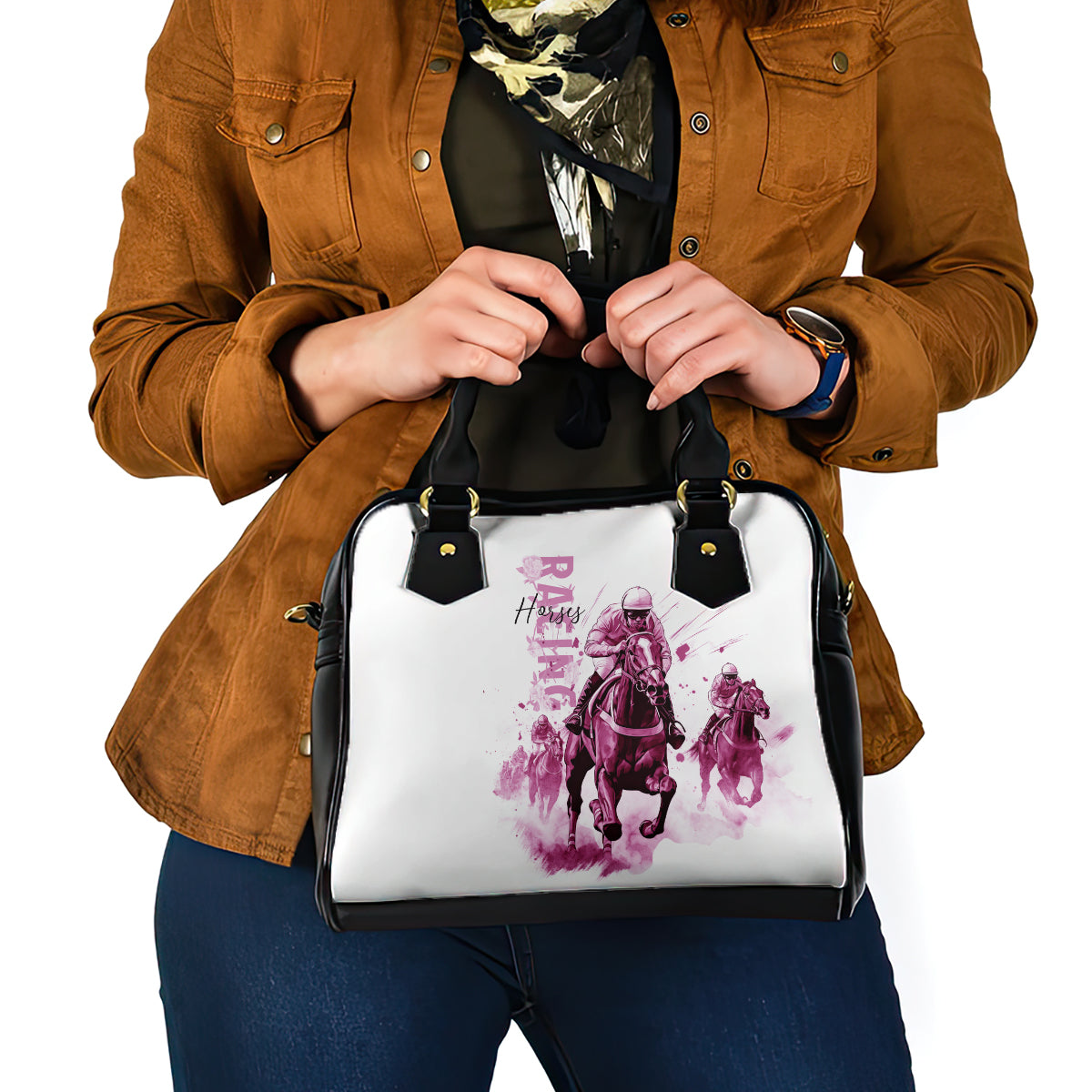 Kentucky Horses Racing Shoulder Handbag Jockey Drawing Style Pink Out Color