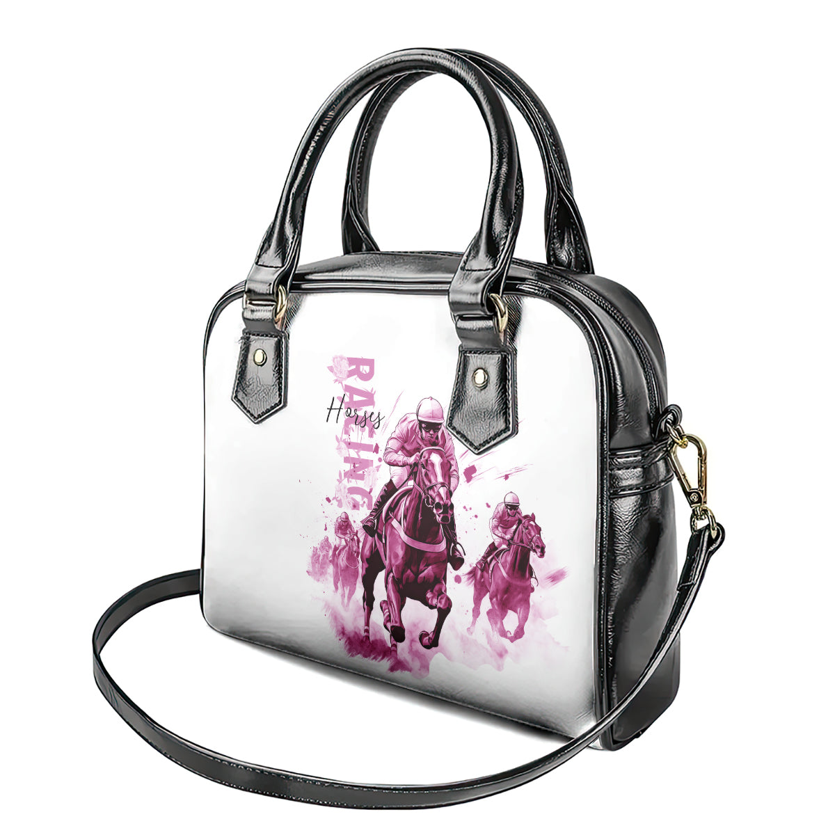 Kentucky Horses Racing Shoulder Handbag Jockey Drawing Style Pink Out Color