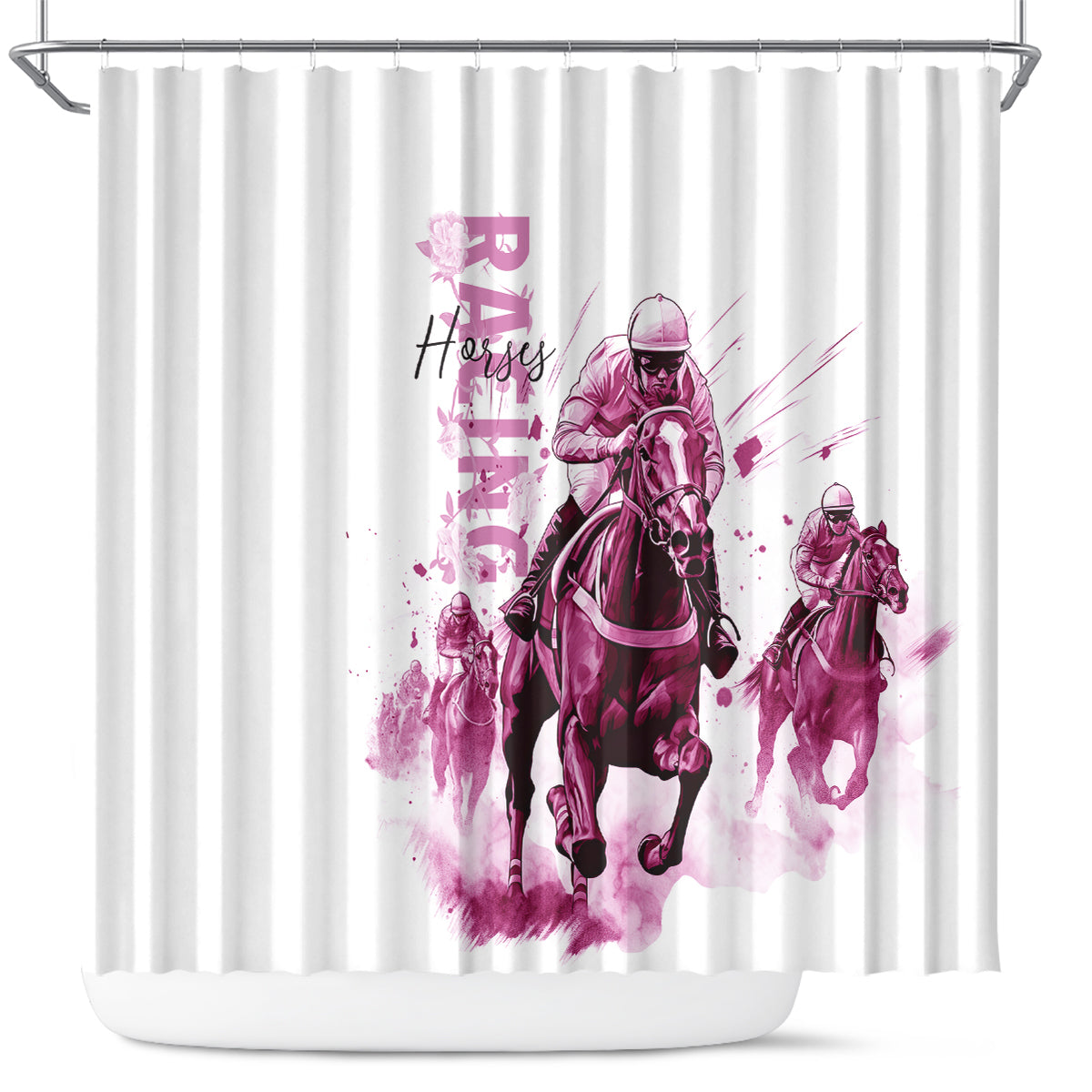 Kentucky Horses Racing Shower Curtain Jockey Drawing Style Pink Out Color