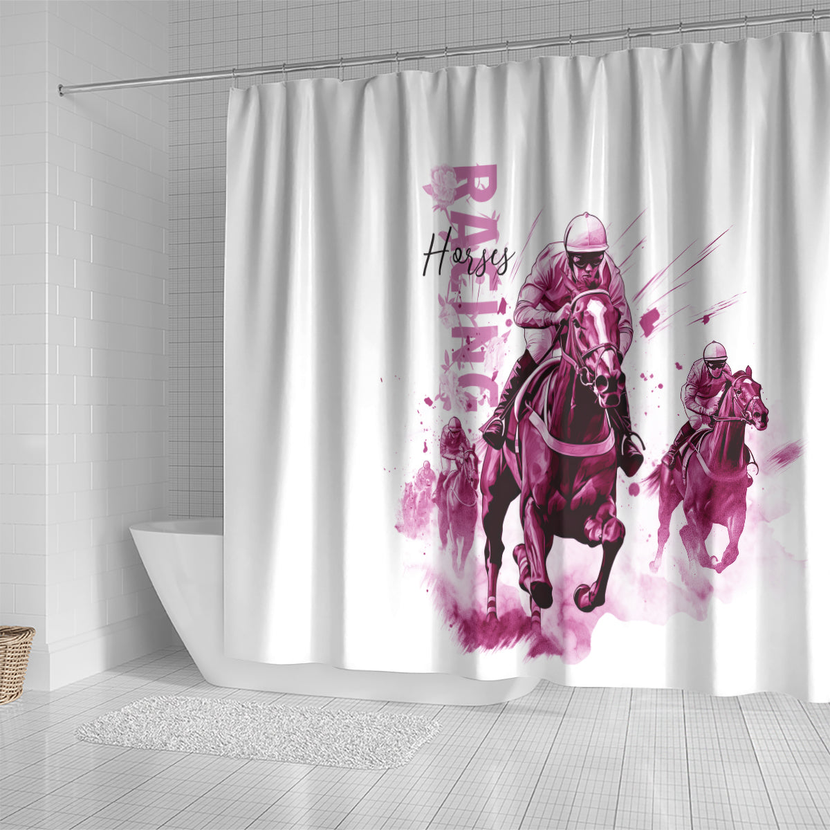 Kentucky Horses Racing Shower Curtain Jockey Drawing Style Pink Out Color