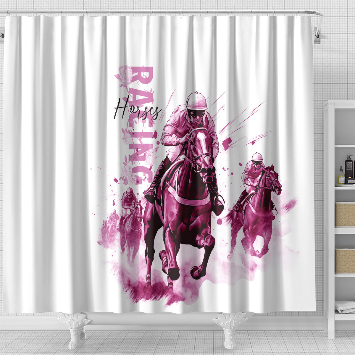 Kentucky Horses Racing Shower Curtain Jockey Drawing Style Pink Out Color