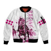 Kentucky Horses Racing Sleeve Zip Bomber Jacket Jockey Drawing Style Pink Out Color - Wonder Print Shop