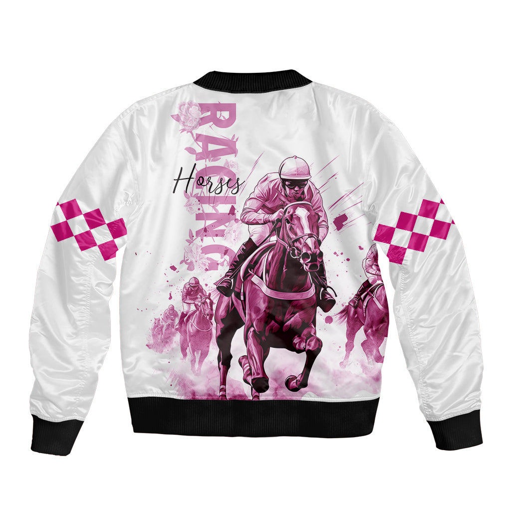 Kentucky Horses Racing Sleeve Zip Bomber Jacket Jockey Drawing Style Pink Out Color - Wonder Print Shop