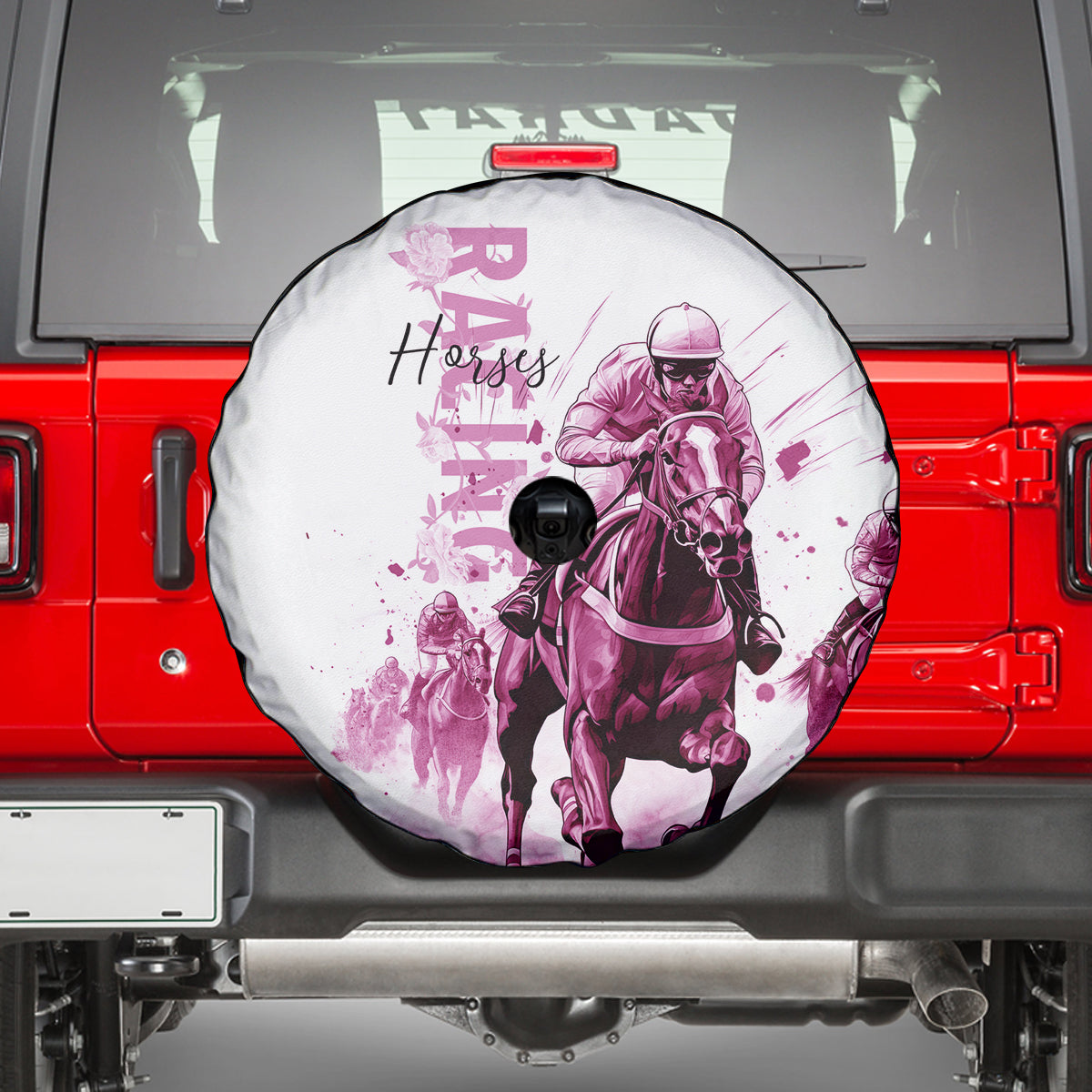 Kentucky Horses Racing Spare Tire Cover Jockey Drawing Style Pink Out Color - Wonder Print Shop