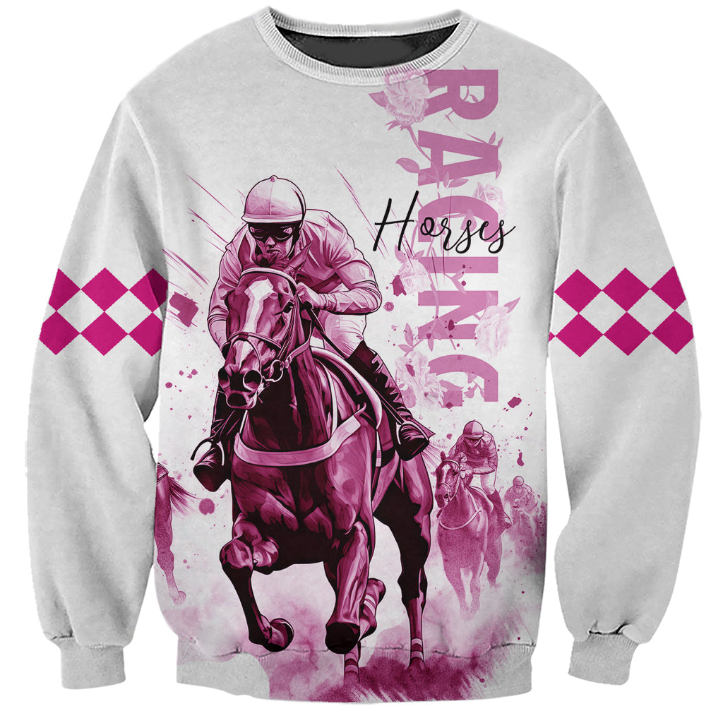 Kentucky Horses Racing Sweatshirt Jockey Drawing Style Pink Out Color - Wonder Print Shop