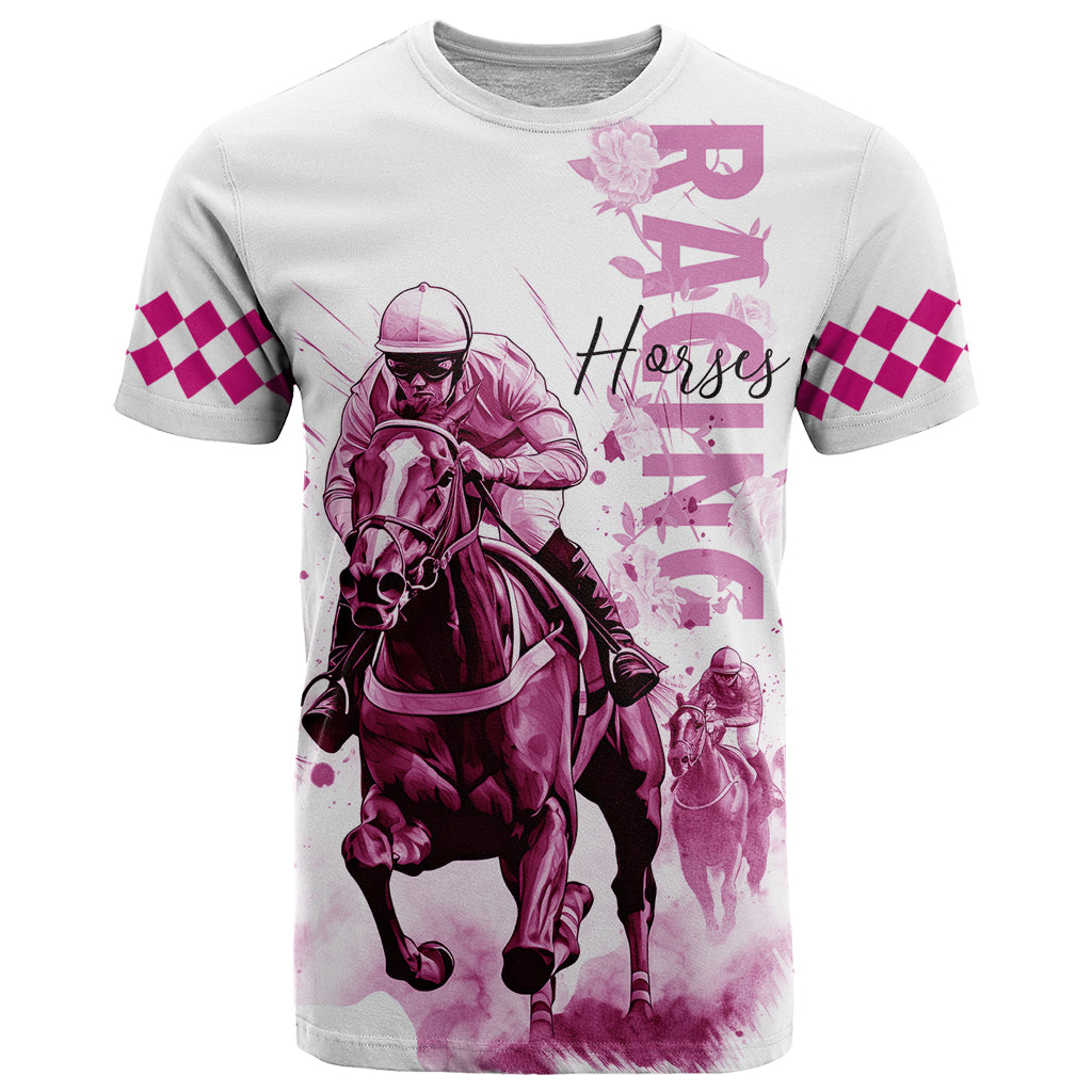 Kentucky Horses Racing T Shirt Jockey Drawing Style Pink Out Color - Wonder Print Shop
