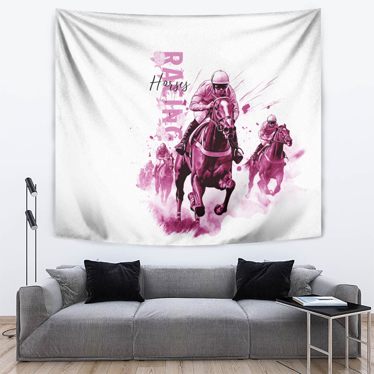Kentucky Horses Racing Tapestry Jockey Drawing Style Pink Out Color - Wonder Print Shop