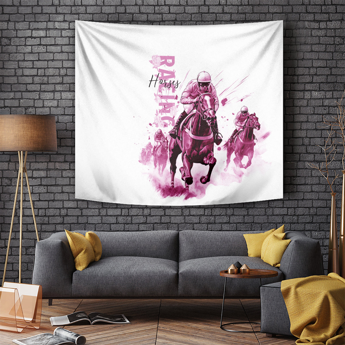 Kentucky Horses Racing Tapestry Jockey Drawing Style Pink Out Color - Wonder Print Shop