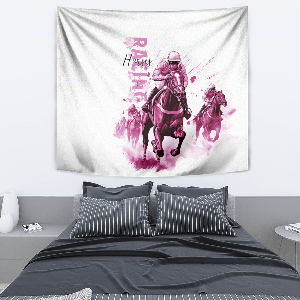 Kentucky Horses Racing Tapestry Jockey Drawing Style Pink Out Color - Wonder Print Shop