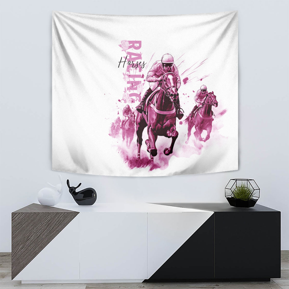 Kentucky Horses Racing Tapestry Jockey Drawing Style Pink Out Color - Wonder Print Shop