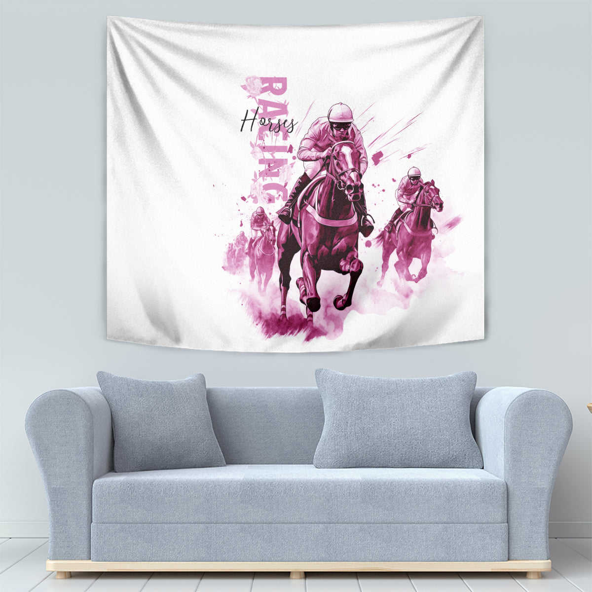 Kentucky Horses Racing Tapestry Jockey Drawing Style Pink Out Color - Wonder Print Shop
