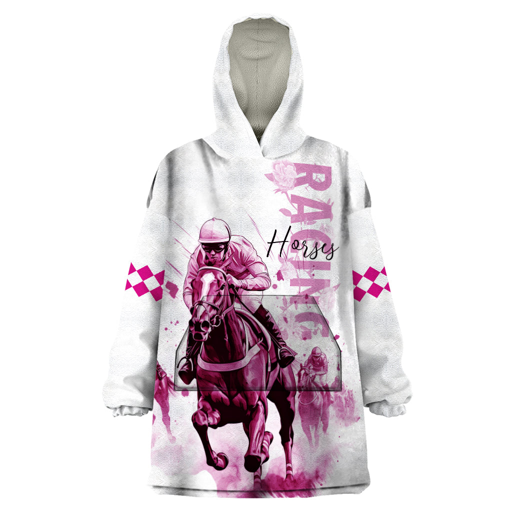 Kentucky Horses Racing Wearable Blanket Hoodie Jockey Drawing Style Pink Out Color