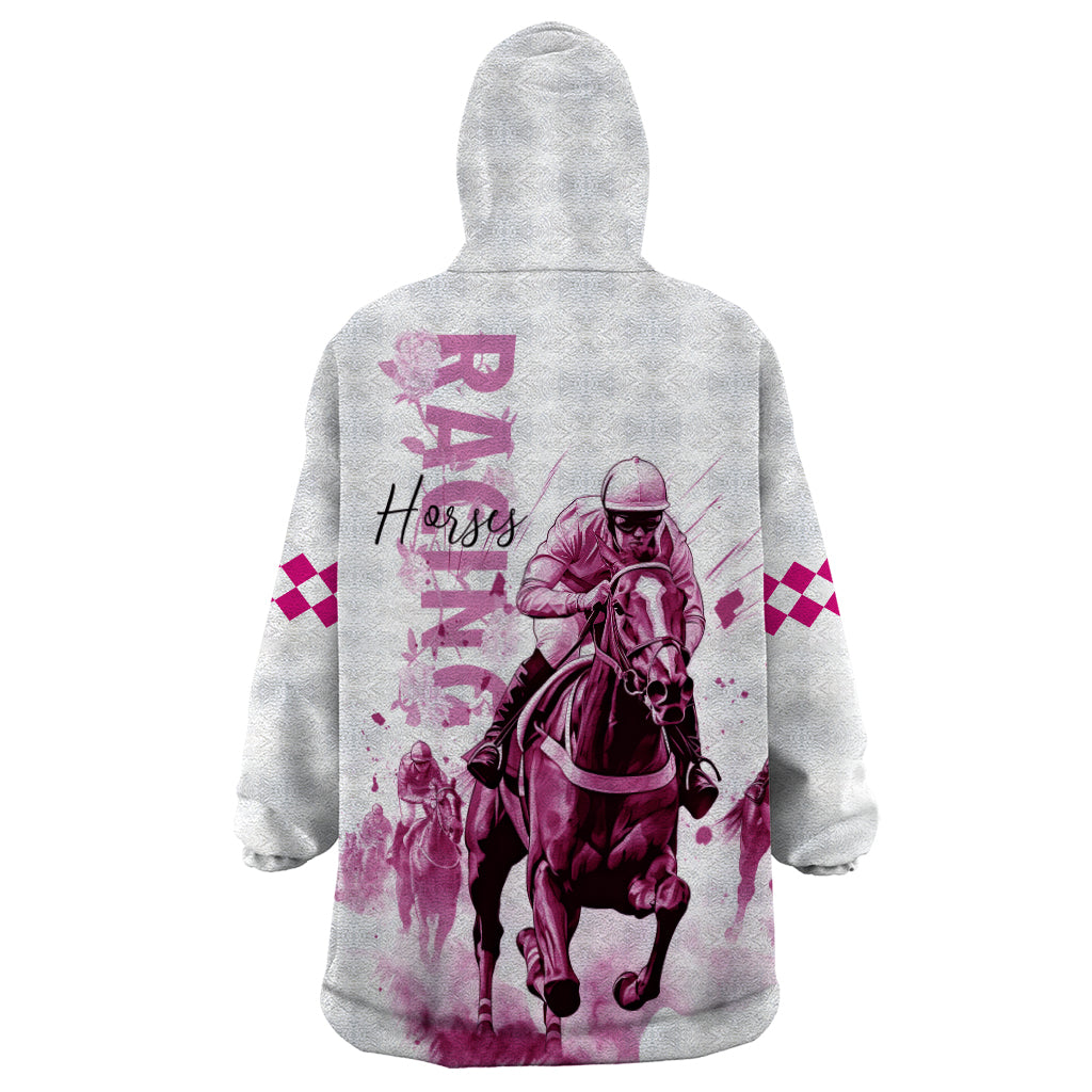 Kentucky Horses Racing Wearable Blanket Hoodie Jockey Drawing Style Pink Out Color - Wonder Print Shop