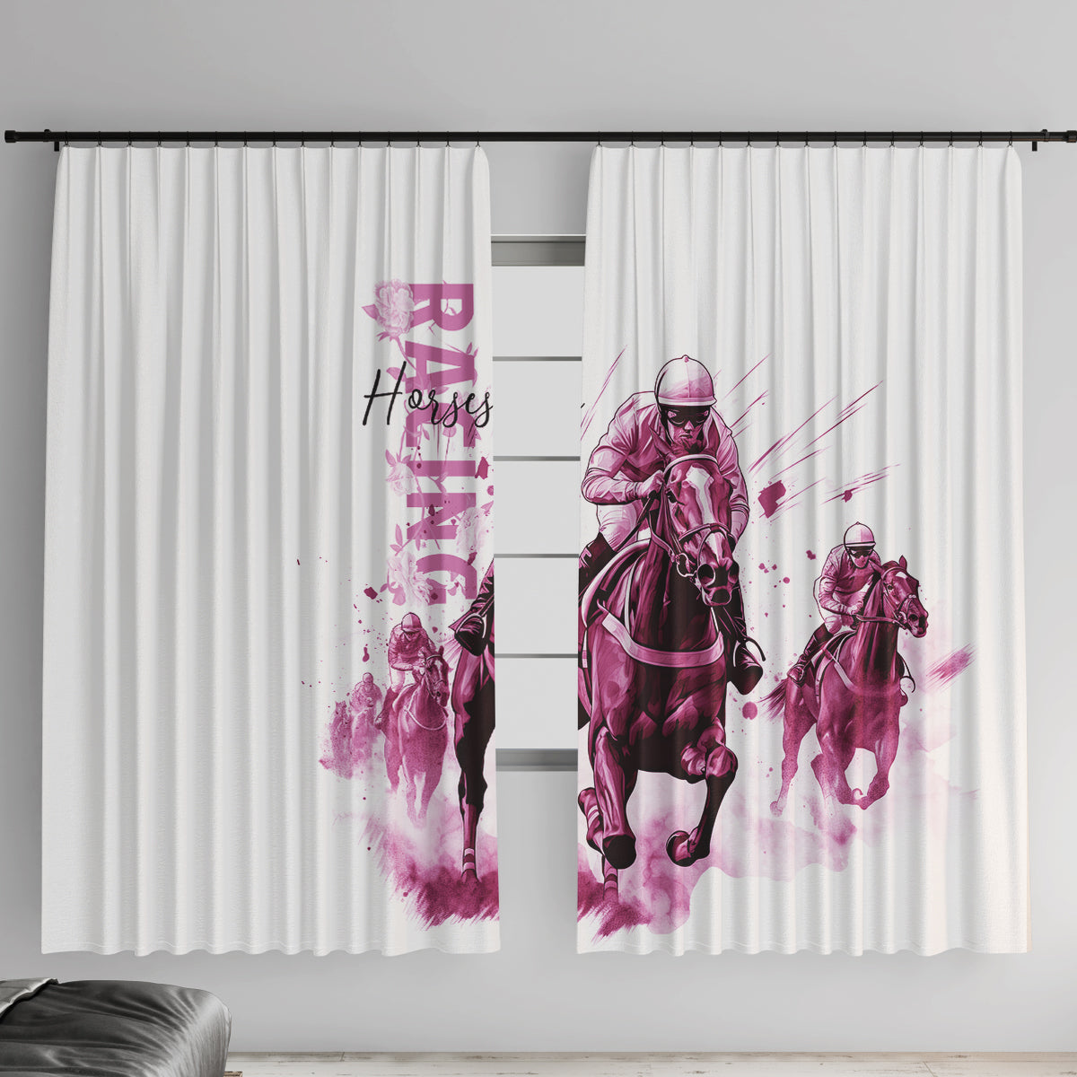 Kentucky Horses Racing Window Curtain Jockey Drawing Style Pink Out Color - Wonder Print Shop